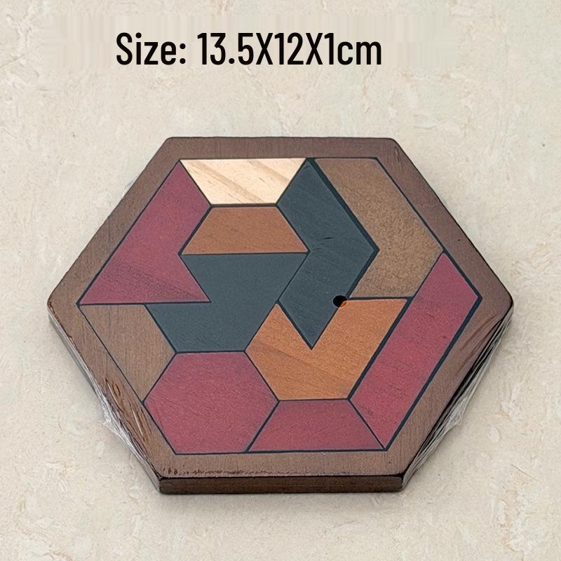 Hexagonal Shape Chess Puzzle - Seven Pieces, 11 Blocks Educational Wooden Toy for Kids
