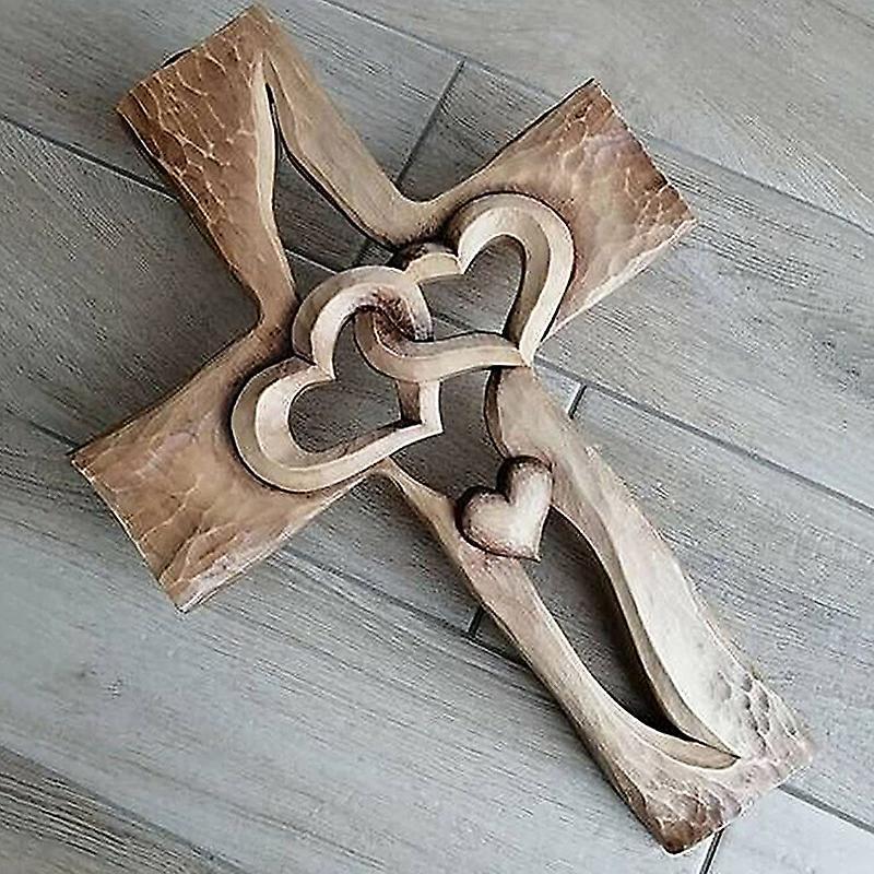 Carved Wooden Cross with Hollow Intertwined Hearts Hanging Love Couple Family Wall Decor New less
