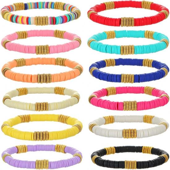 12pcs Friendship Bracelets Beaded Bracelets Heishi Bracelet Cute Bracelets Stack Vinyl Clay Disc Bead Surfer Stretch Summer Beach Bracelets For Women