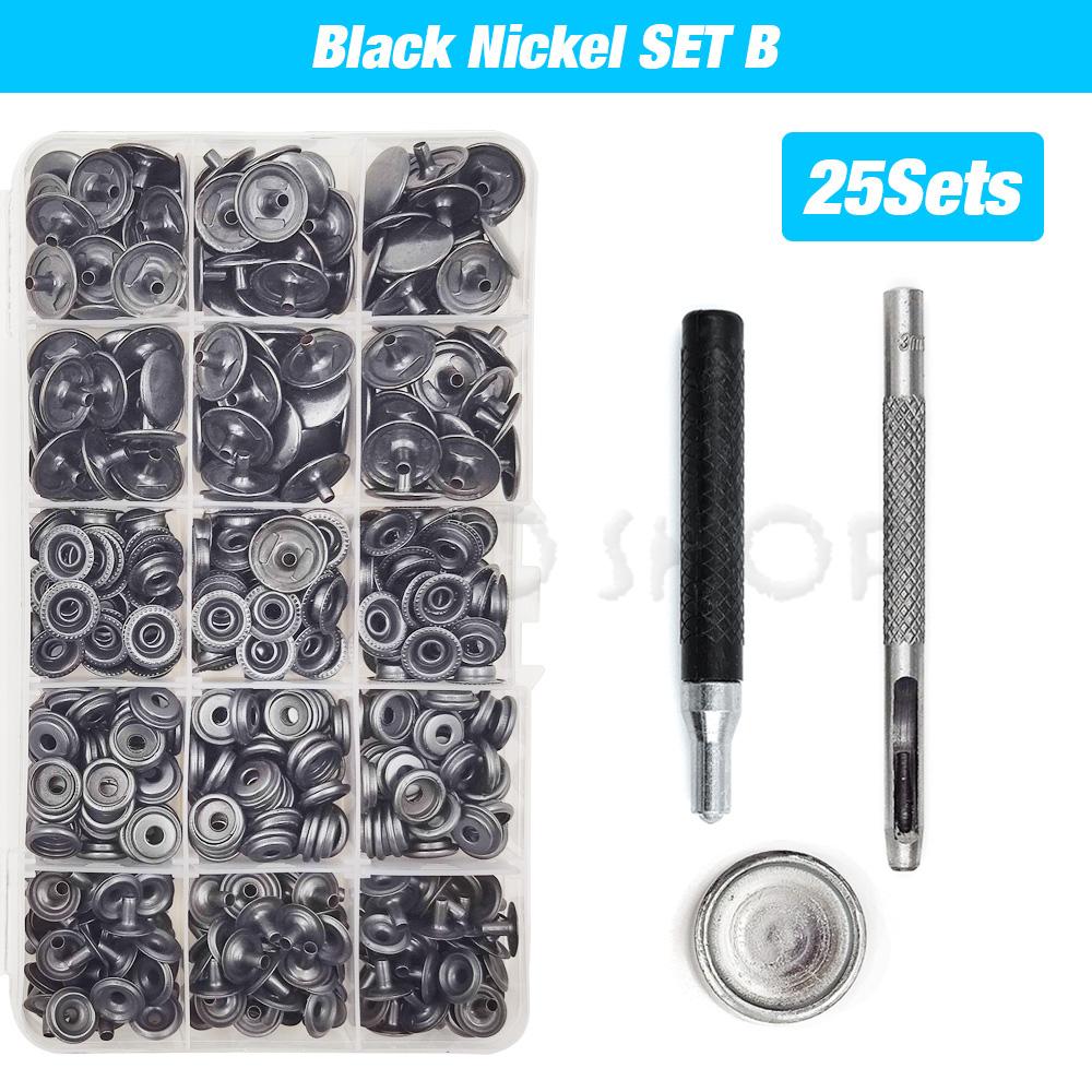25Sets Metal Snaps Button Snap Fasteners Press Studs With 4 Installation Tools Kit For Clothes Garment Bags Shoes Leathercraft