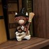 Cute Cow Gifts 2Pcs Halloween Highland Witch Ornament, Resin Figurine with Hat Pumpkin Broom Broomstick Figurines & Skull, Farmhouse Tabletop