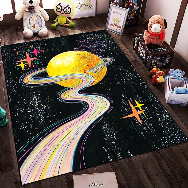 "Colorful Galaxy Carpet with Planet, Stars, and Rainbow Trail Design" Suitable for use as an anti-slip for living room bedroom sofas