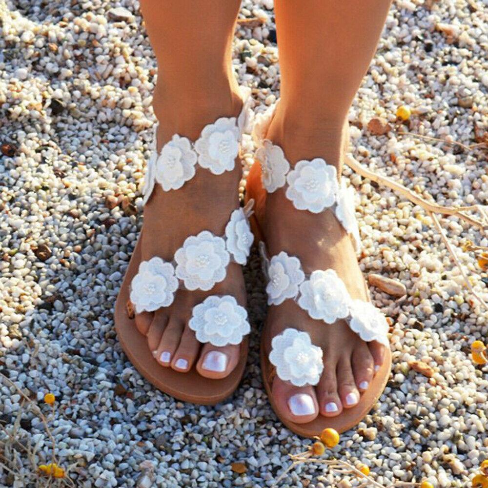 Elegant Women Summer Bohemia Flower Beach Sandals Flat Shoes Slippers Flip Flops