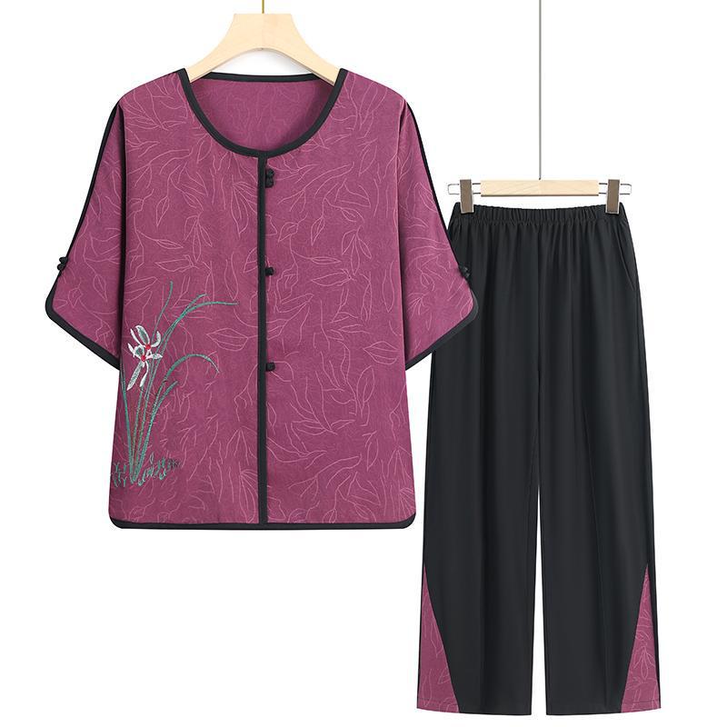 

Women s Summer Clothing: Round Neck Pullover, Mid-Sleeve T-Shirt & Two-Piece Set for Middle-Aged and Elderly XL (80-100 lbs)