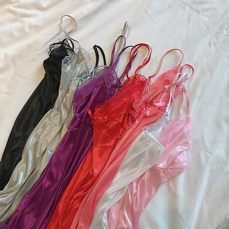 Women Bow Ribbon Bedroom Nightwear Comfortable Solid Color Sleepwear Polyester Summer Lace Ruffle Design Satin 6 Colors
