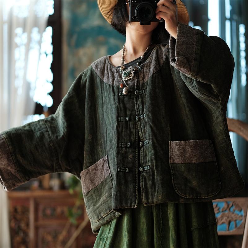 Johnature Damen Vintage Jacken O-Ausschnitt Langarm Mäntel Knopf Patchwork Taschen Herbst Lockere Jacken