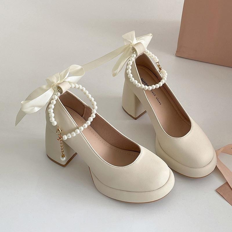 Butterfly-knot Thick Heel Women Mary Jane Shoes Fashion Pearl Ankle Strap Shoes Ladies Outdoor Dress Pumps