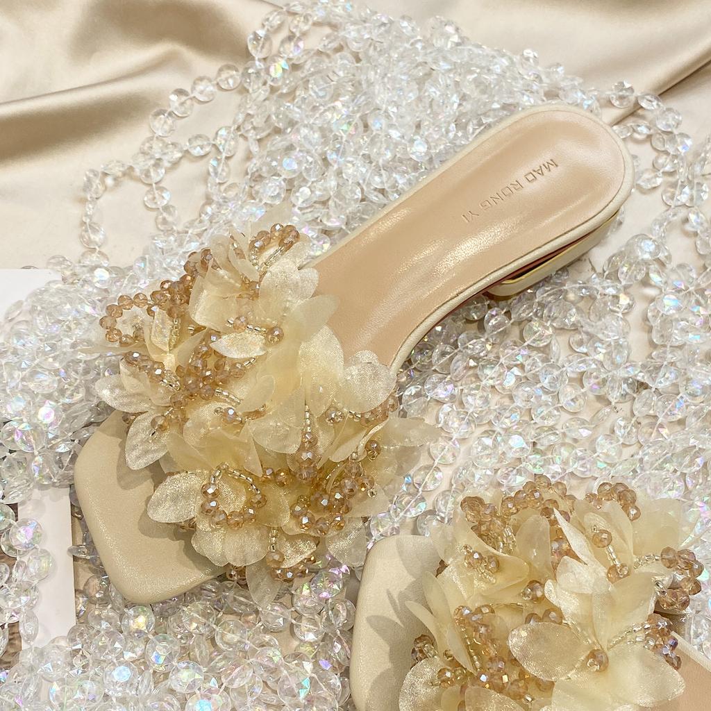 Thick Heel Cool Slippers Women's Summer Wear Fashion Going Out Flat Bottom One-word Drag 2025 New Flowers