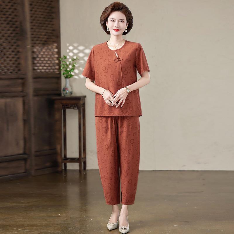 

2026 Summer Retro Ethnic Short-Sleeve Cotton-Linen Top & Slim-Fit Nine-Tenth Pants Set 2XL [recommended 95-115 jin]