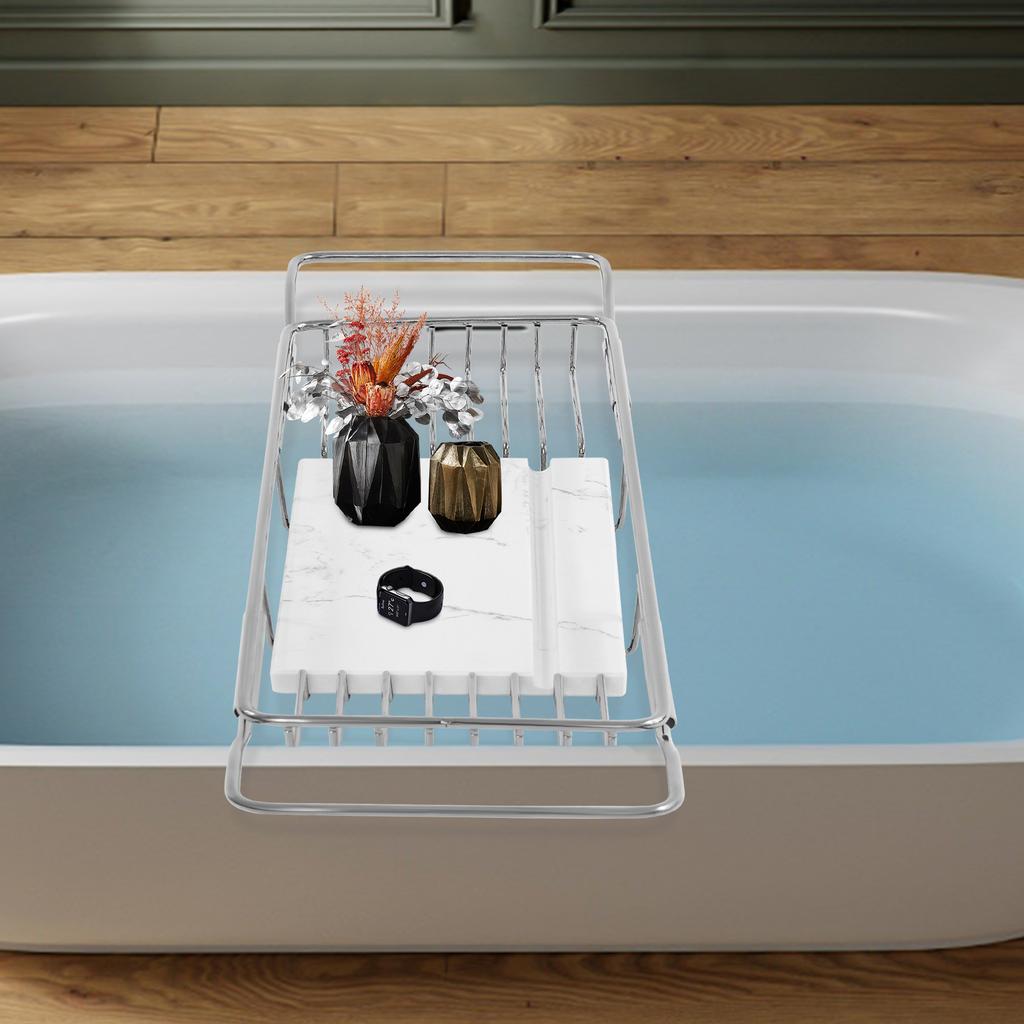 201 Stainless Steel 68-90CM Expandable Bathtub Tray,Silver+White Marble Rectangular Bathtub Tray,Bathtub Mount for Home