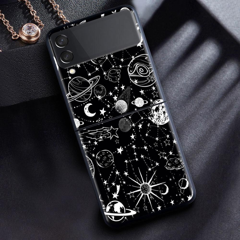 Case For Samsung Galaxy Z Flip 3 4 5G Black Hard PC Phone Housing Z Flip4 Luxury Segmented Cover Cosmic Planet