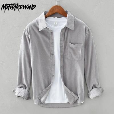 Korean Fashion Men Tops Spring/Autumn Daily Casual Long Sleeve Pure Cotton Shirts Square Collar Corduroy Solid Color Shirt Simple Style Men Clothing