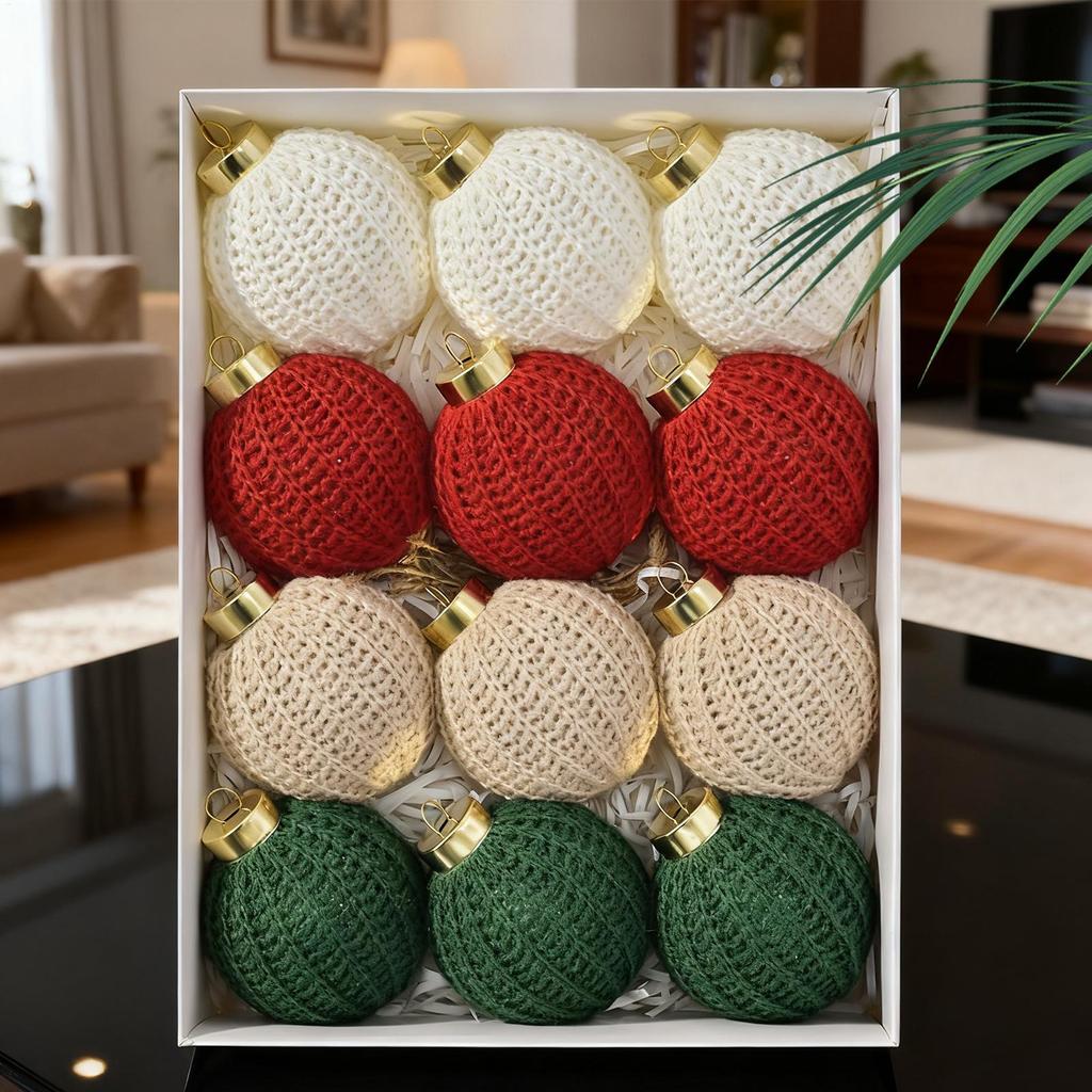 Farmhouse Christmas Ornaments Crochet Home Decor 12 Pieces Rustic Ball Ornaments Pendant For Party Garland Wreath Living Room