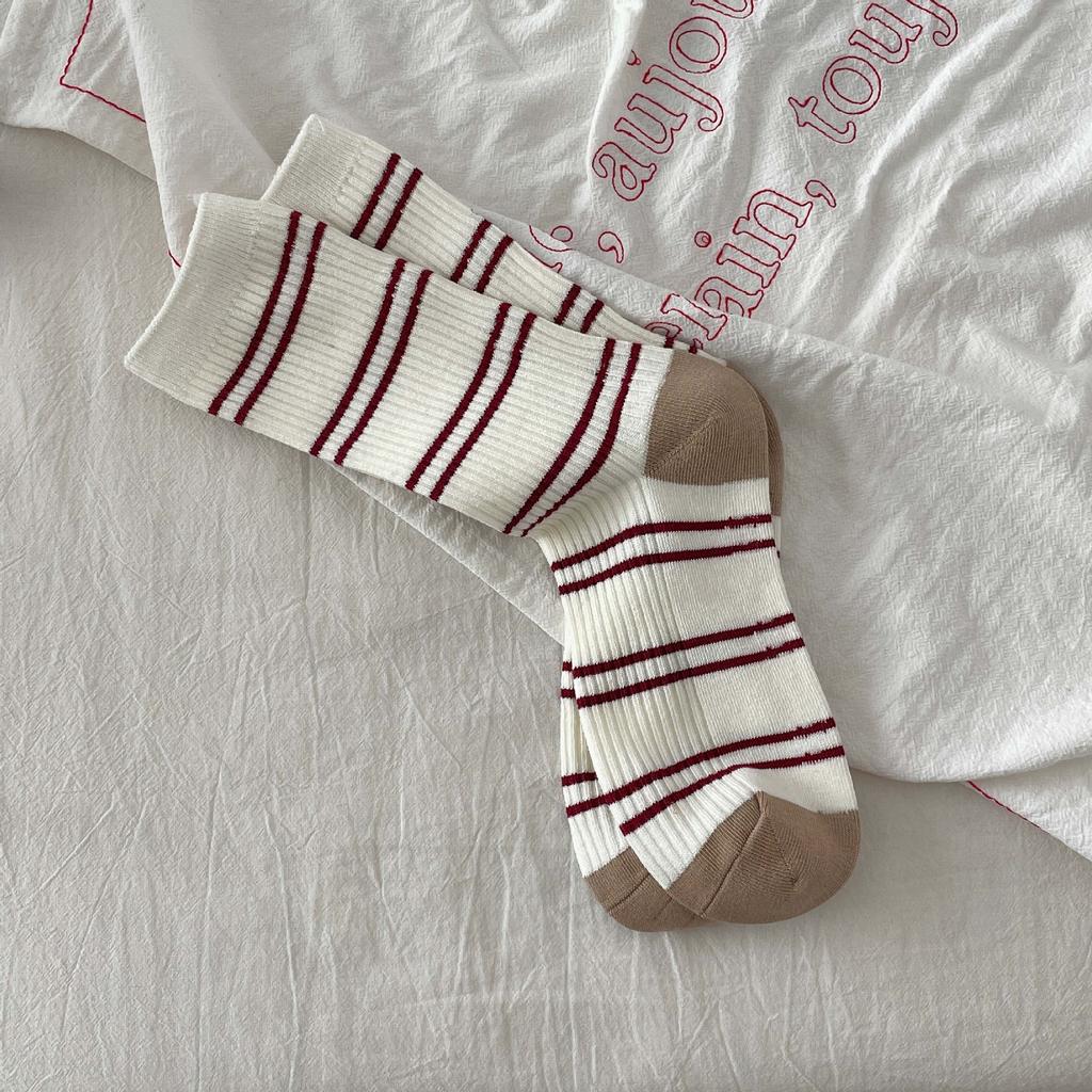 Grey Socks Cotton Mid-Leg Socks Double Needle Cotton Spring And Autumn Striped Pile Socks Collegiate Style Stockings