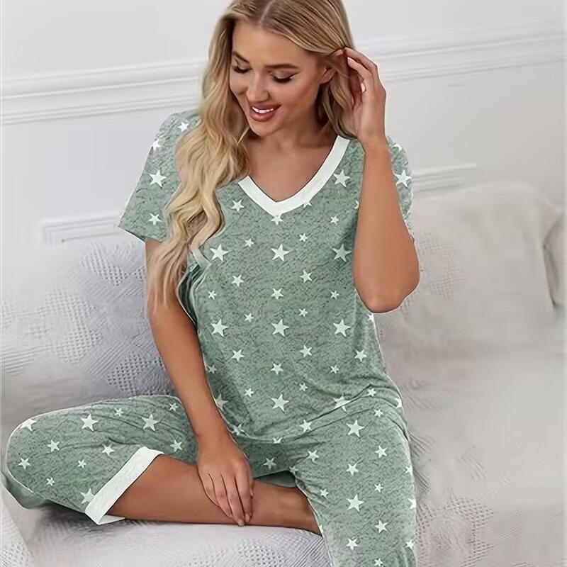 V-neck Star Print Pajama Set for Women - Short Sleeve & Loose Fit Pants