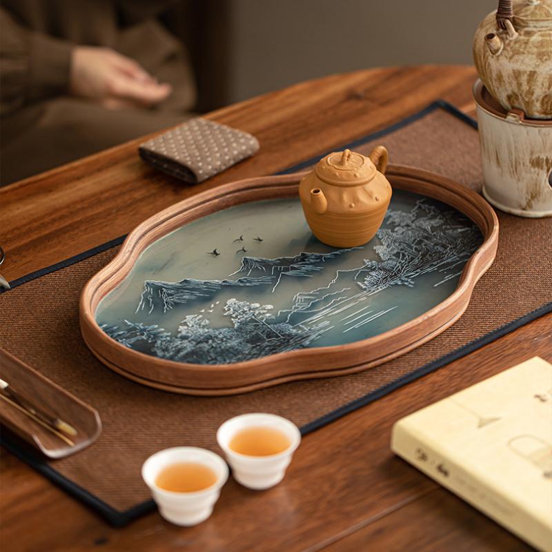 Simple Bamboo Wood Glass Tray Dry Brew Tea Tray Household Chinese Retro Ink Wind Begonias Flower Pot Bearer Gongfu Tea Tray