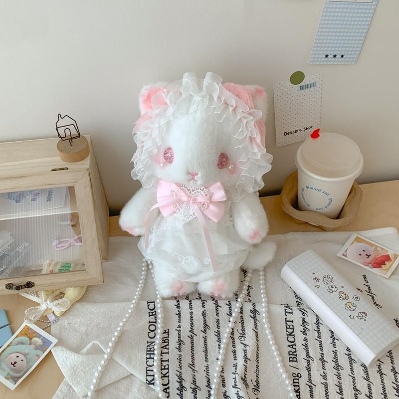 Lolita Plüsch Hasen Tasche mit Schleife, Perlenkette und Herz Design - Süße Girly Umhängetasche