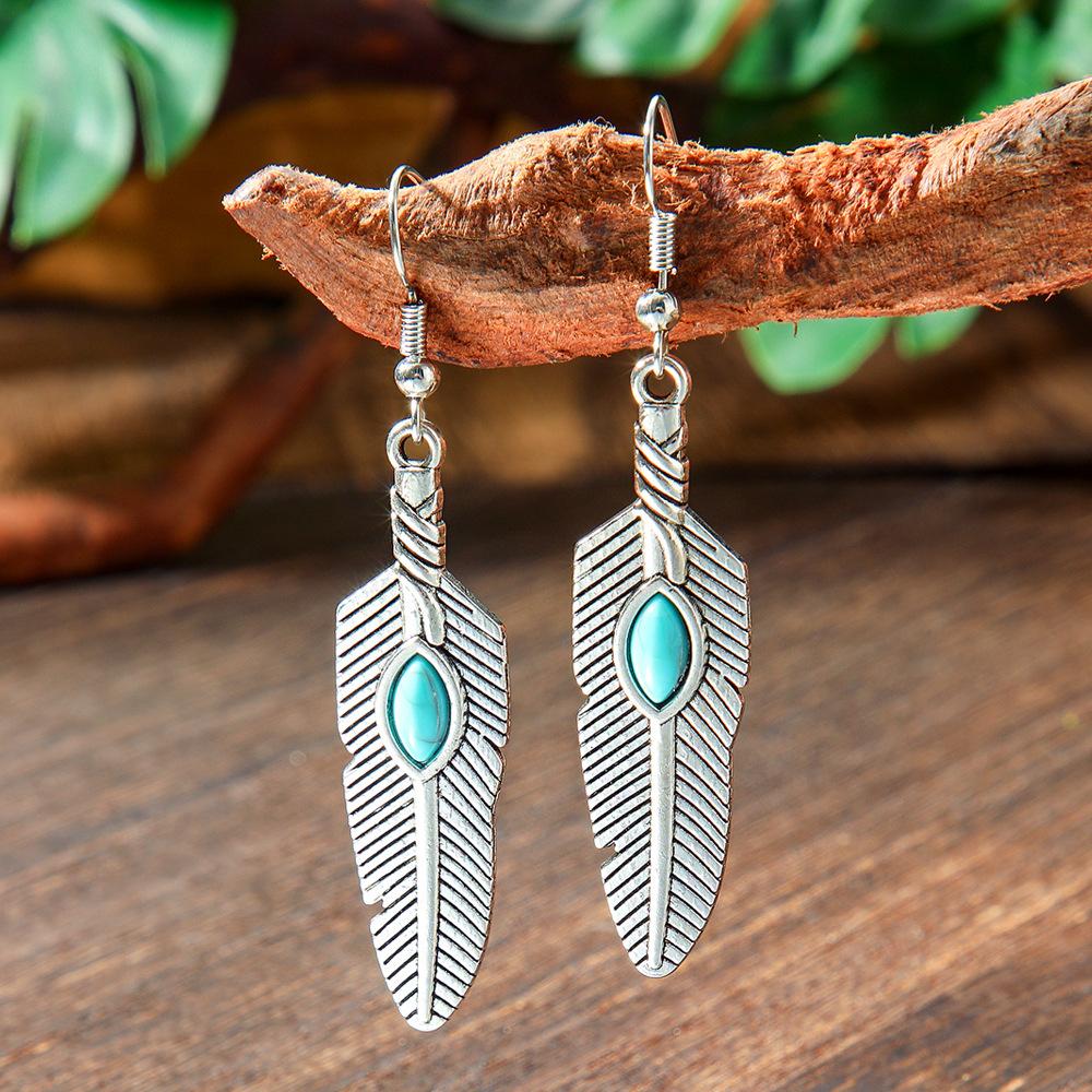 Vintage Earrings Silver Geometric Turquoise Drop Earrings Bohemian Dangle Jewelry for Women