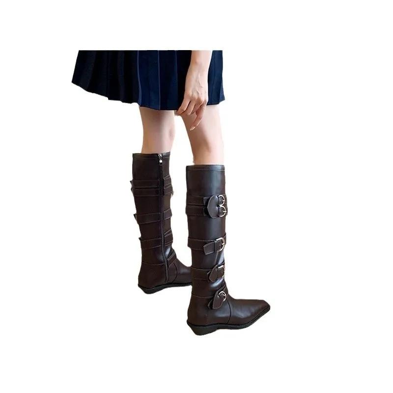 Women's Long Boots Pointed Thick Low Heel Belt Buckle Platform Boots  Shoes for Women