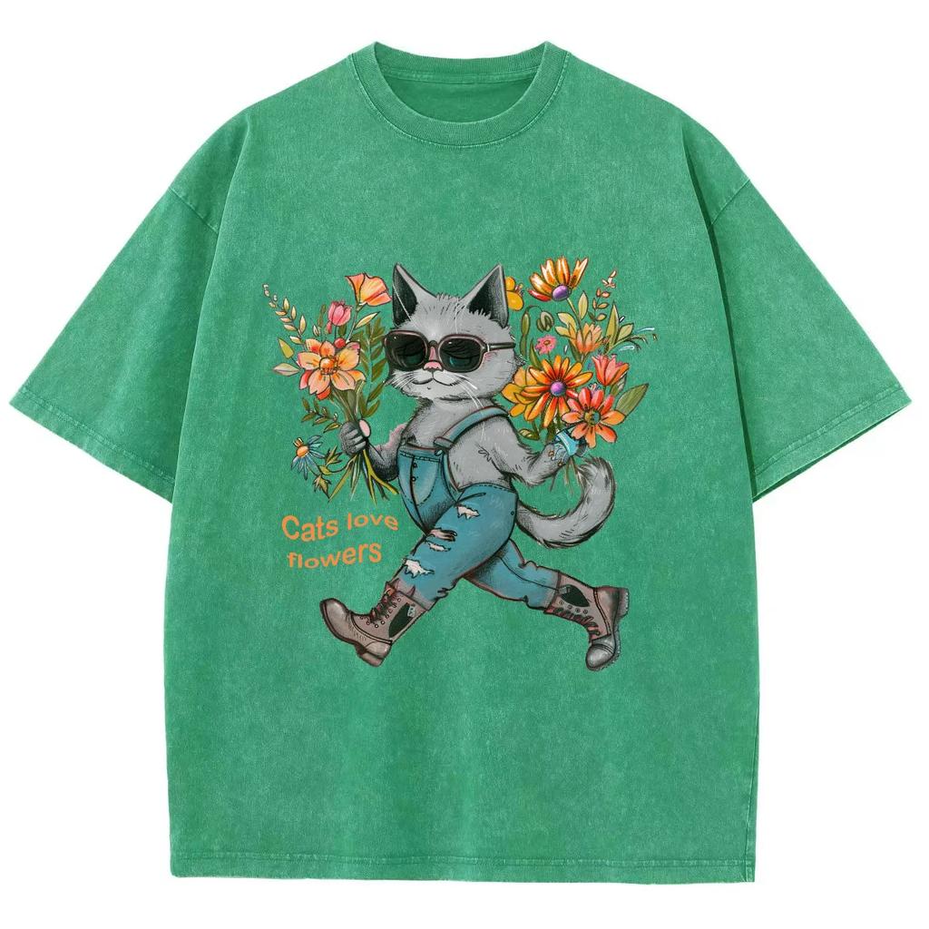 Cute Blue Cat Anthropomorphic Print Women's T-Shirt Loose Wash Oversized Short Sleeve Fashion Design Funny Style Top