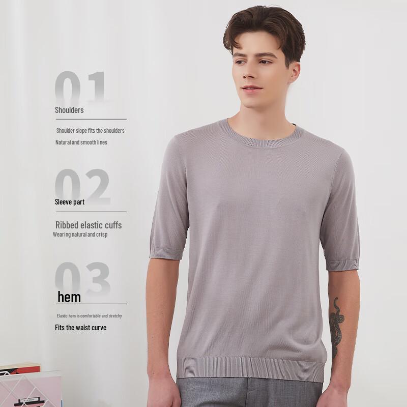 Hengyuanxiang Herren Kurzarm Strick-T-Shirt aus Maulbeerseide-Mischung