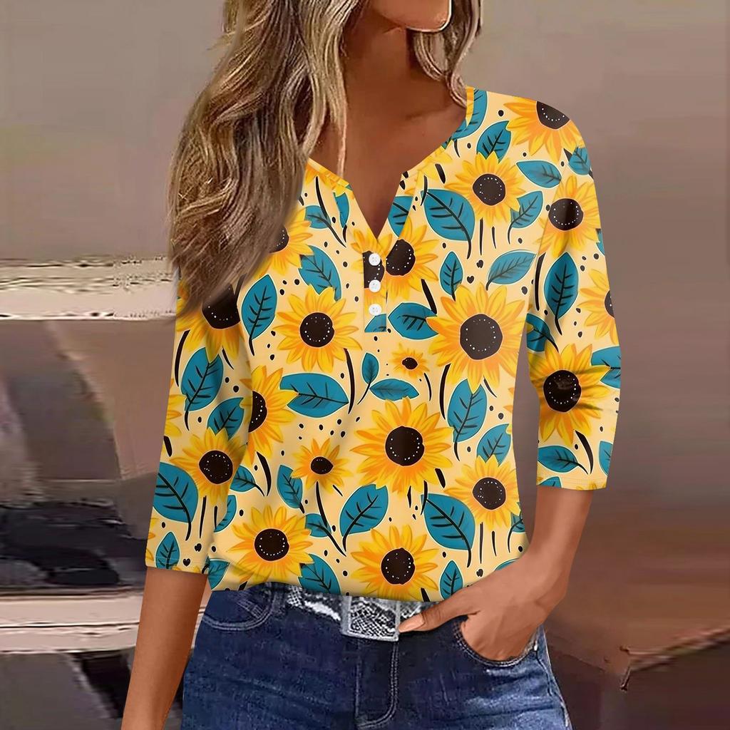 Women's T-Shirt Print Button 3/4 Sleeve Daily Weekend Fashion Basic V-Neck Regular Top