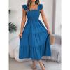 Summer Solid Colour Square Neck Wooden Ear Side Waist A-Line Long Women's Loose Casual Dresses