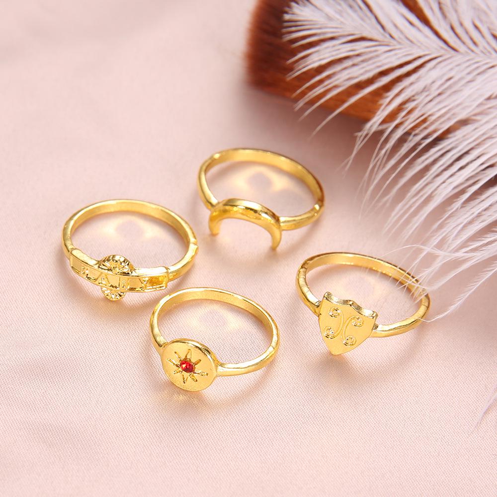 Jewelry Gold Set Red Dazzling Jewel Crescent Set Ring 4-Piece Set Women