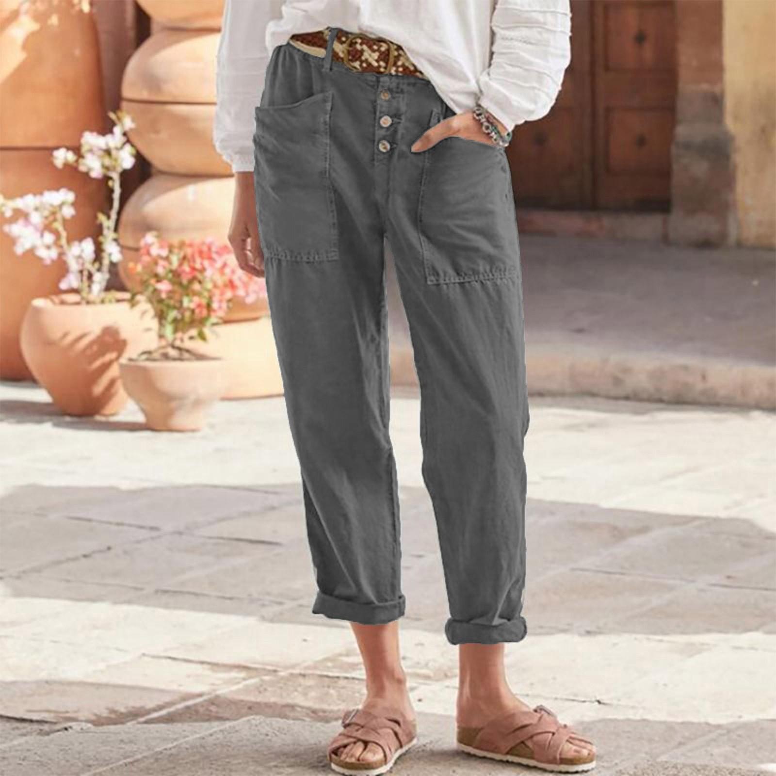 Women s Fashion Loose Button Cotton Hemp Pocket Casual Pants XXXXL