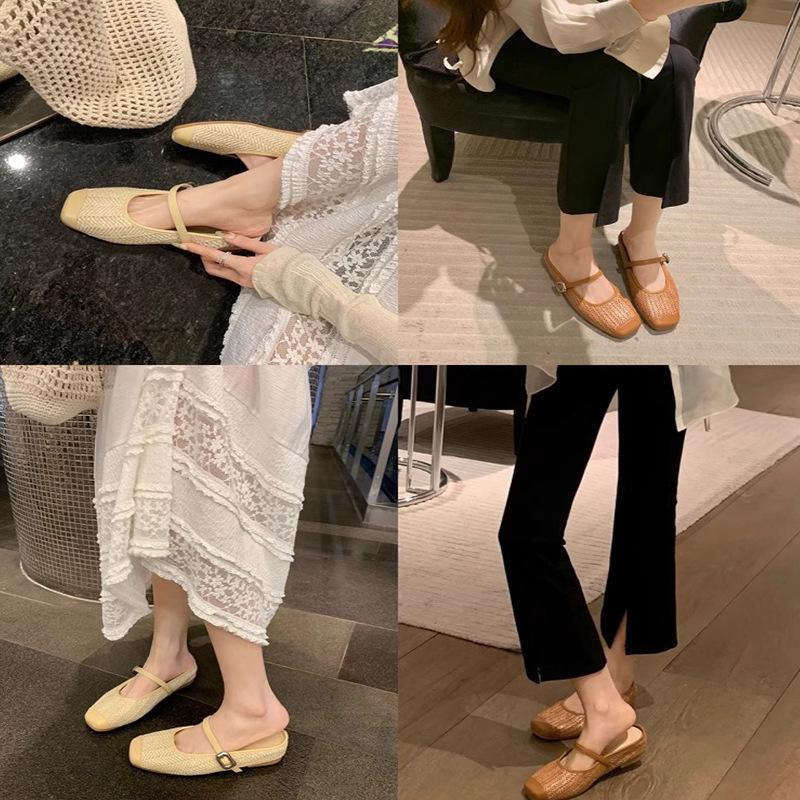 Grape Mother with the Same Height Increased by 5cm~ Leisure and Vacation Style Straw Woven Square Head Sandals Lazy Half Drag Women Summer Versatile