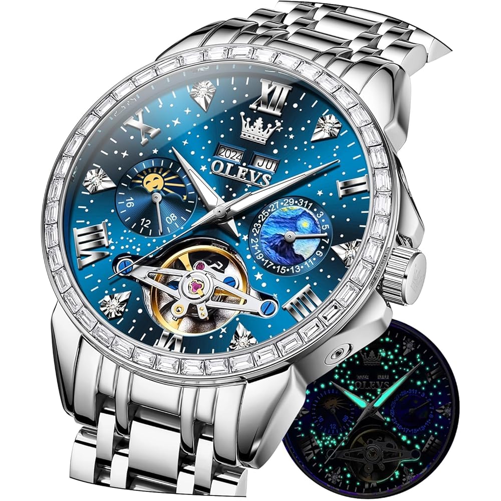 OLEVS Men s Automatic Skeleton Watch with Diamond, Waterproof, Luminous, Stainless Steel, Blue