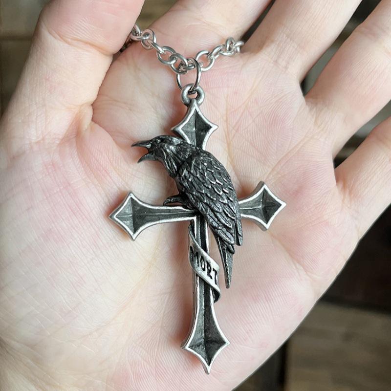 Gothic Punk Black Raven Cross Necklace: Trendy, Versatile Men's Jewelry in Euro-American Retro Dark Style.