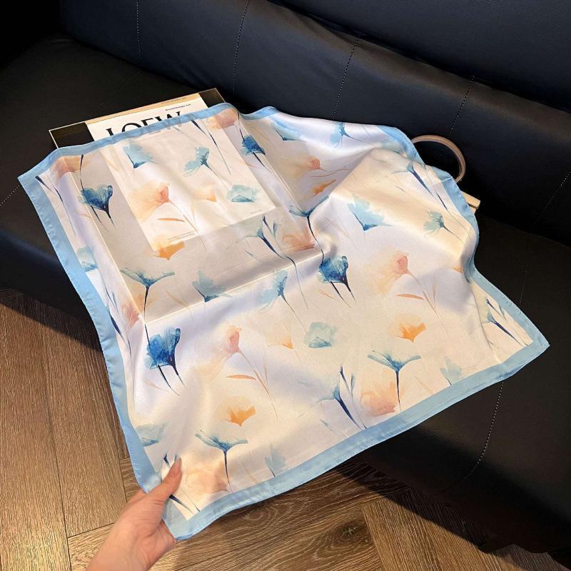 Fashion Black and White Printing Temperament Square Scarf Imitation Silk Korean Version Decorative Scarf Scarf Professional Decorative Shawl Silk Scar