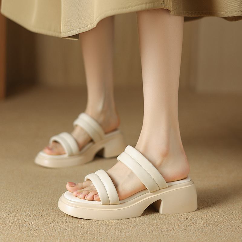 

Krazing Pot Туфли-сабо из овчины с открытым носком, летняя обувь на толстом среднем каблуке, водонепроницаемые женские сандалии на платформе европейского дизайна 40 слоновая кость