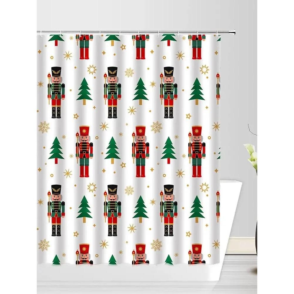 Christmas Nutcracker Shower Curtain, Christmas Tree Snowman Bathroom Curtain Decoration Set With Hook Fabric Christmas Gift