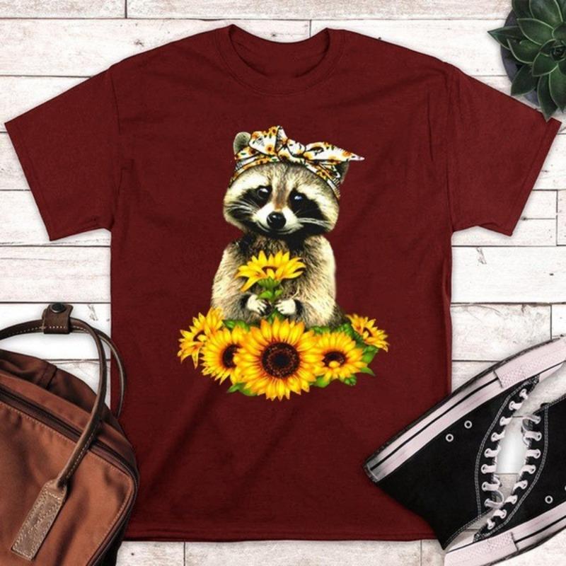 Summer Printed Letters Sunflower Lovely Raccoon Loose Round Neck Pure Cotton Short Sleeved Shirt T-Shirts Men’s