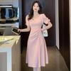 Elegant French Puff Sleeve Square Neck Midi Dress - Irregular Slimming Design