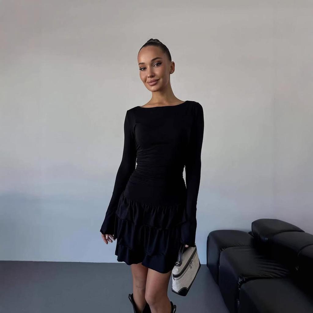 Vestido de Otoño Invierno para Mujer de Color Sólido, Ajuste Delgado, Manga Larga - Elegante y Favorecedor