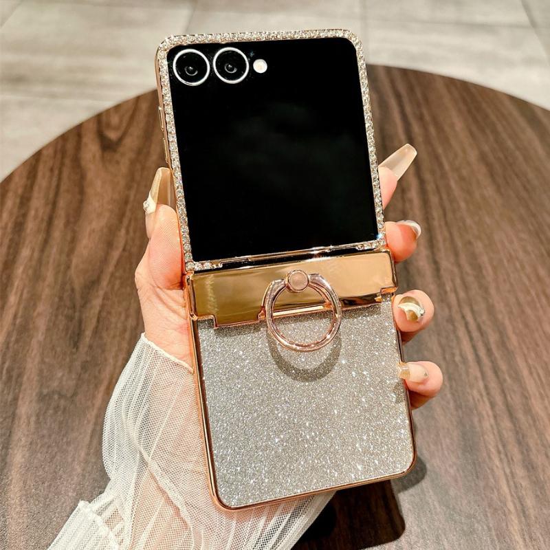 Star Goddess Glitter Diamond Ring Phone Case for Samsung Galaxy Z Flip 7 6 5 4 3 ZFlip7FE ZFlip6 5G Luxury 3-Piece Set Cover