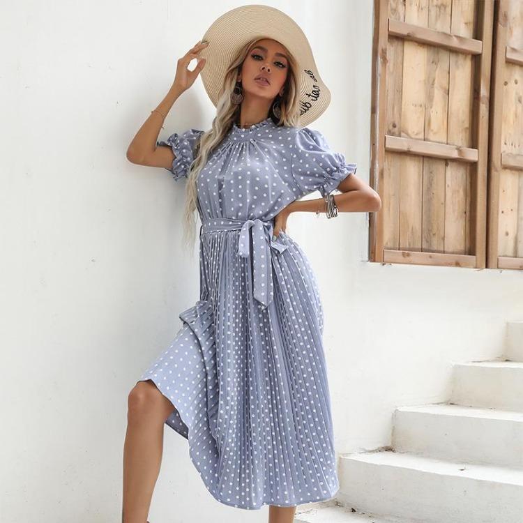 Women's Casual Crew Neck Polka Dot Printed Pleated Dress Short Long Sleeve Tie Spring Summer Mediumn