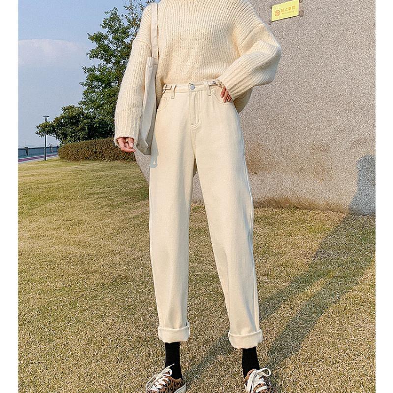 2022 Winter Korean stytle Fashion Warm Womens High Waist Casual Comfort Warm Jeans Loose Denim Harajuku Streetwear straight Pant