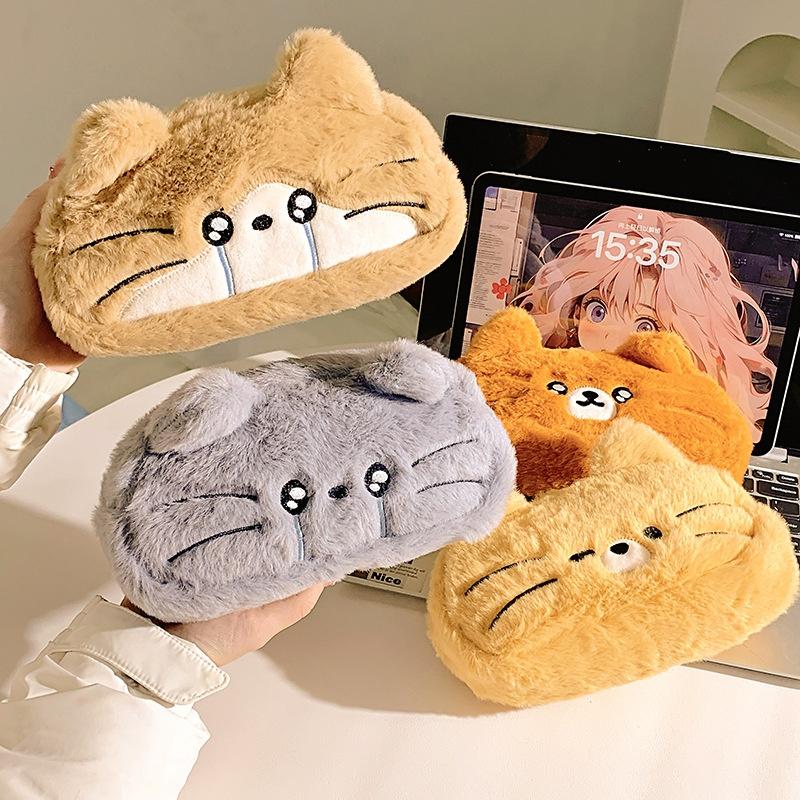 Cute Plush Cat Pencil Case Soft Fluffy Texture Large Storage Perfect For School Students Office Stationery Organization