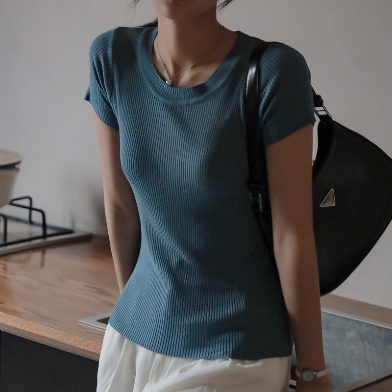 Thin solid color knitted short-sleeved t-shirt women's versatile slim-fit summer bottoming shirt round neck slim new ins trendy top