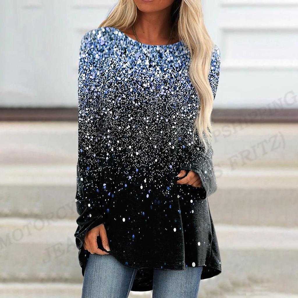 Trička se zlatým potiskem Ženy Móda Trička s dlouhým rukávem Volné Topy Trička s výstřihem Košile s výstřihem Luxusní oversized trička Lady