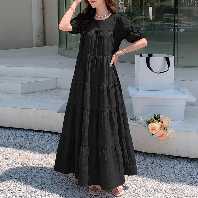 ZANZEA Damen Freizeit Rundhals Locker Kurzarm Langes Kleid