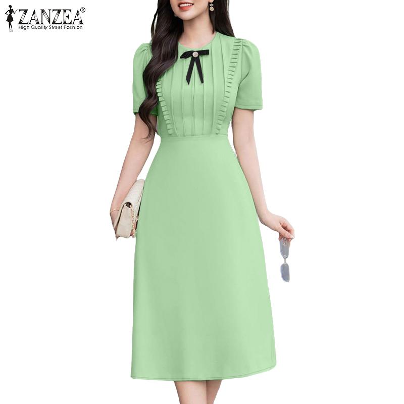 ZANZEA Women Elegant Bow O-neck Casual Summer Short Sleeve Dress