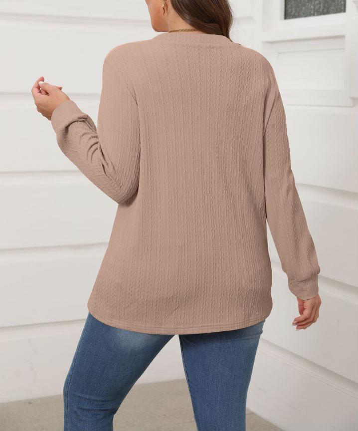 2025 Damen Einfarbig V-Ausschnitt Knopf Langarm Lässiges Mode-T-Shirt für Herbst/Winter