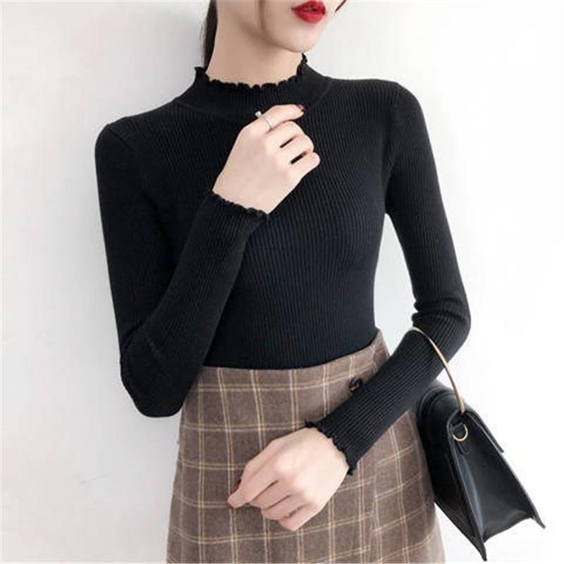 Fit Slim Spring Autumn Knitted Pullovers Women Long Sleeved Ruched Knit Tops Half High Collar Knitting Sweater