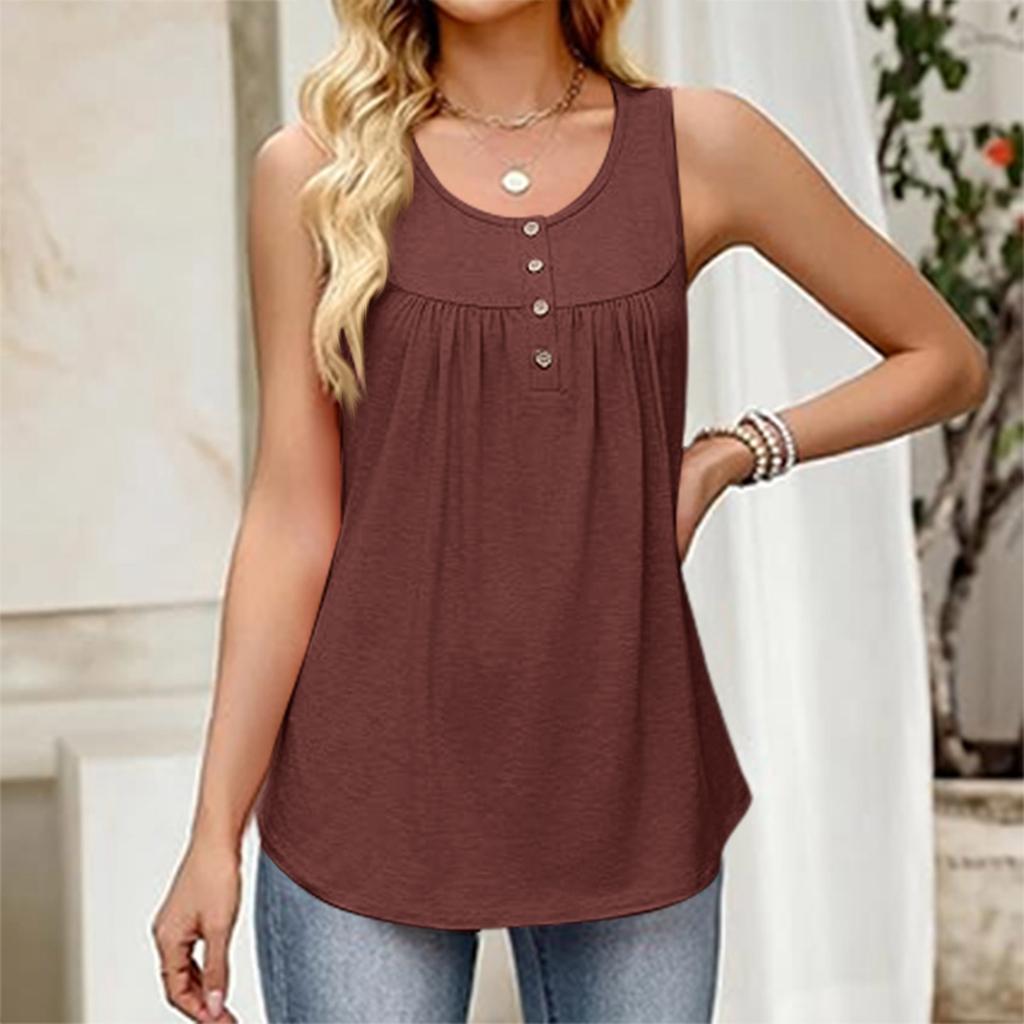 Women's Fashionable Plain Color, Round Neck, Button-Decorated Sleeveless Vest Top, Suitable For Both Inner And Outer Wear.