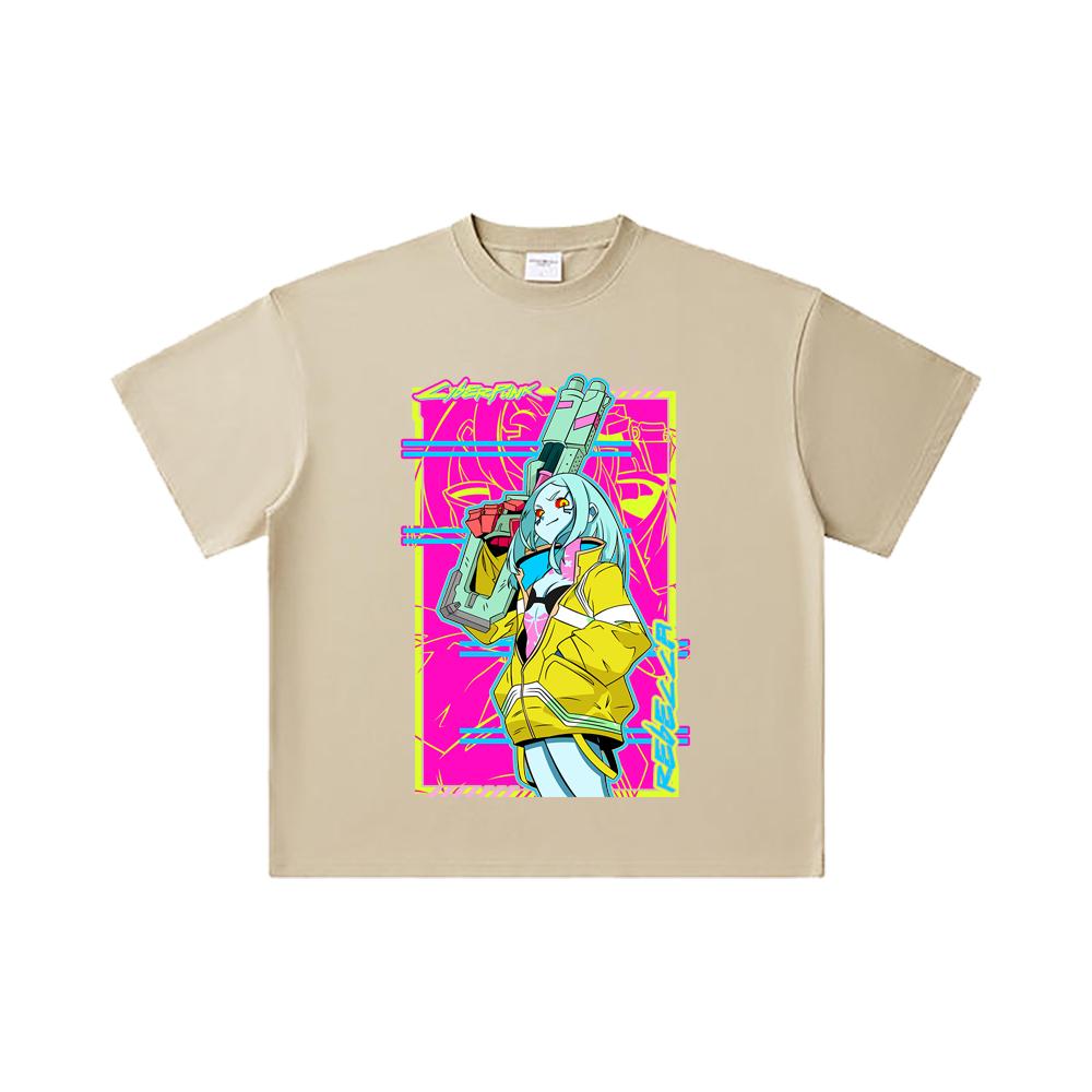 260 GSM Doppelgarn 32er Zählung 100% Baumwolle Cyberpunk Edgerunners V6 Rebecca Druck Unisex Schweres Baumwoll-T-Shirt